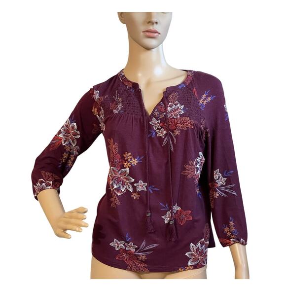 DANIELRAINN PEASANT BOHO BLOUSE PULLOVER BURGUNDY FLORAL SMOCKED BODICE‎ PXS NWT - Picture 1 of 12